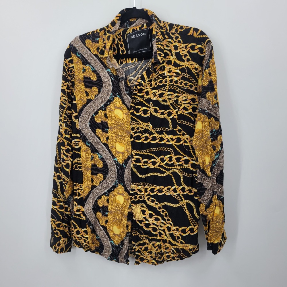 Reason Streetwear Festival Baroque Gold Chain Print Button Up Shirt Sz XL Black